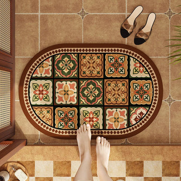 tapis ovale géométrique respectueux environnement vert noir beige orange classique ethnique adhésif