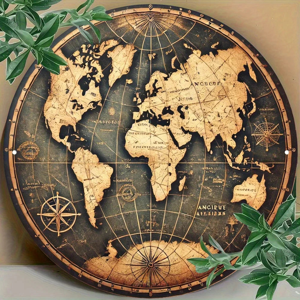 décoration murale carte monde vintage bois ancienne noire ronde occasion anniversaire noël mariage