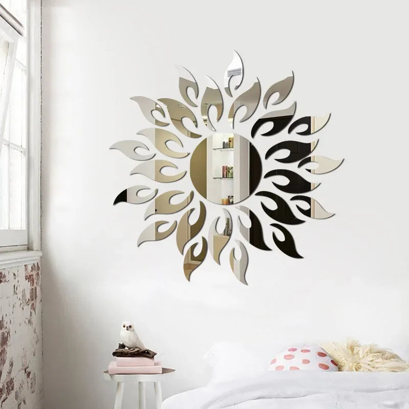 miroir mural moderne argent doré noir feuilles stylisées adhésif décoration maison abstrait set multiple