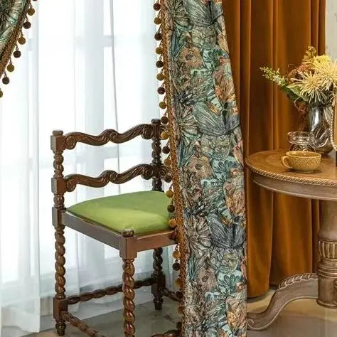 rideau velours épais motif floral marron vert beige classique élégant pompons dorés