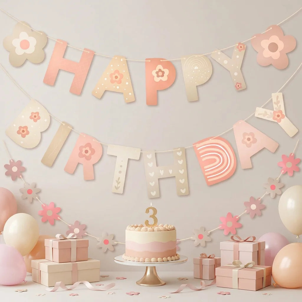 décoration murale guirlande fleurs lettres happy birthday motif floral occasion fête enfants anniversaire baptême