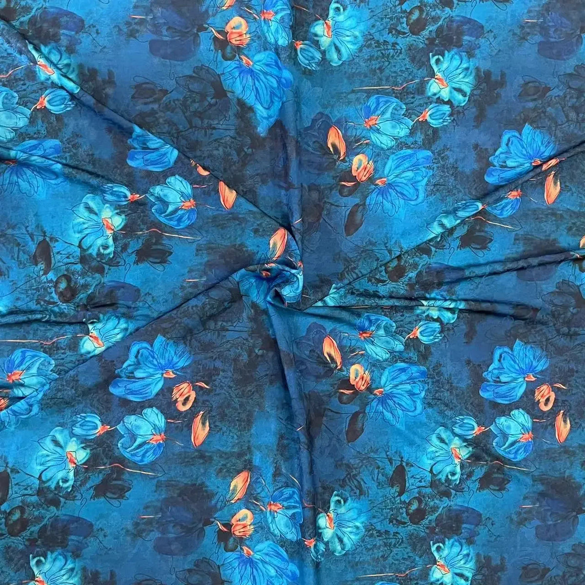 tissu jacquard fleuri bleu orange motifs floraux polyester élasthanne artistique résistant bricolage
