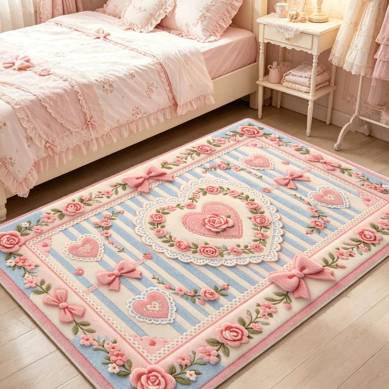 tapis rose romantique lolita rubans roses coeurs dentelle salon chambre 140x200cm polyester
