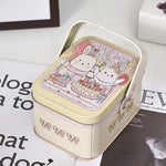 boîte biscuits blanc rose bleu vintage lapins mignons fleurs rubans anniversaire fête portable