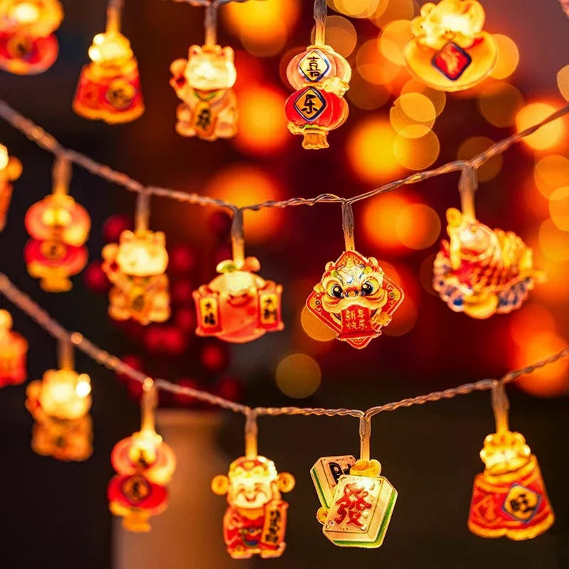 guirlande lumineuse chinoise festive lions poissons lanternes caractères rouges orange doré