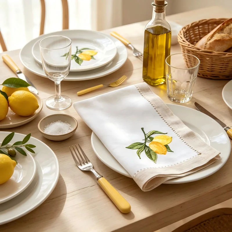 serviette classique brodée citrons blanc beige table restaurant decoration
