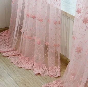 rideau rose fleurs blanches romantique tulle dentelle salon chambre polyester
