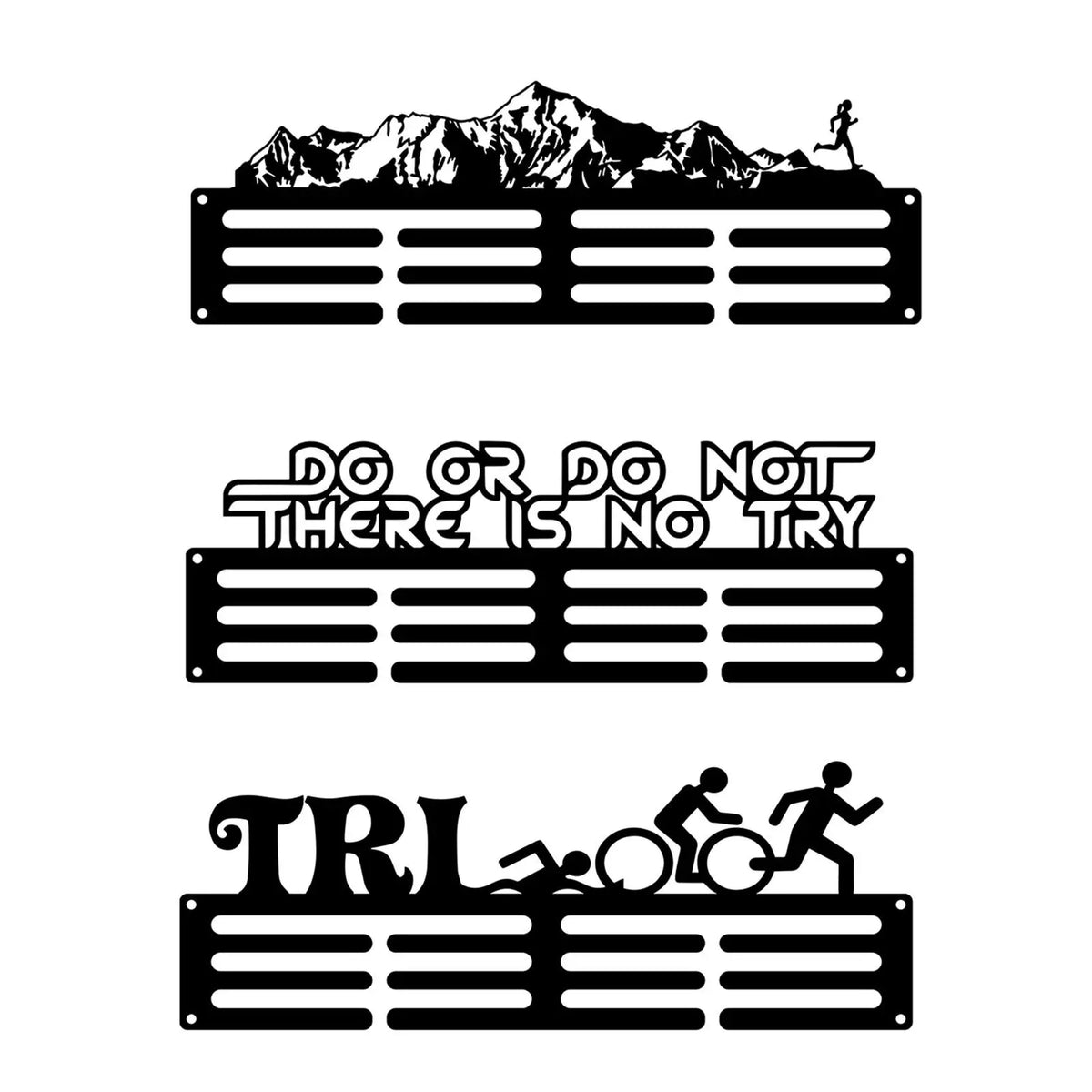 porte médailles rangement mural sportif découpes laser montagnes coureurs noir horizontal multiusage salon