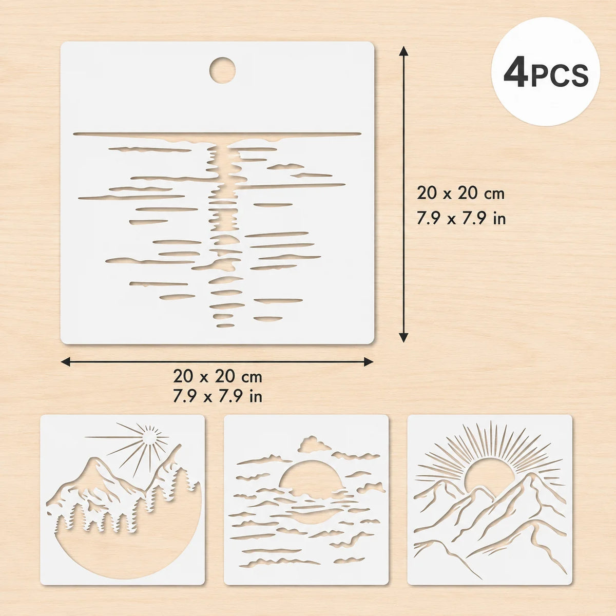 pochoirs réutilisables blancs paysages océan montagnes minimaliste 20x20cm peinture décoration murale
