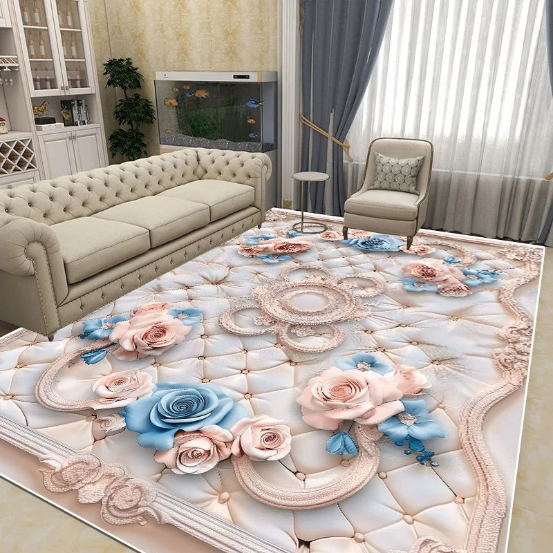 Magnifique tapis fleuri aux teintes douces et naturelles, parfait pour apporter une touche de fraîcheur et de douceur à ce salon élégant.
