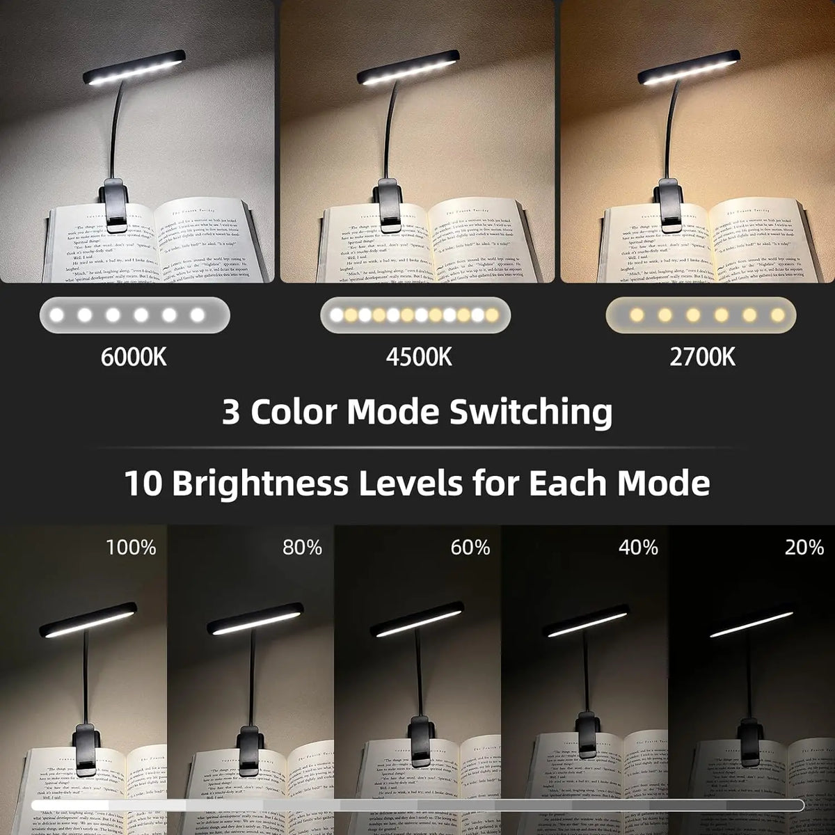 lampe lecture portable led rechargeable clip noir moderne journée nuit