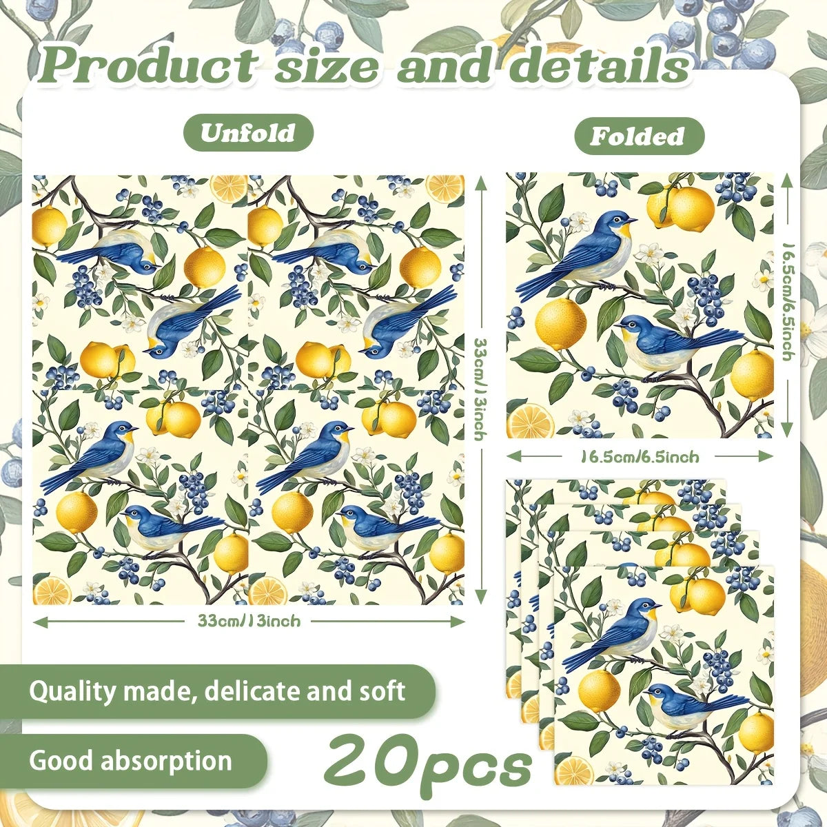 serviettes papier motif oiseaux citrons fleurs bleu jaune vert blanc 20 40 60 pièces