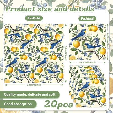 serviettes papier motif oiseaux citrons fleurs bleu jaune vert blanc 20 40 60 pièces
