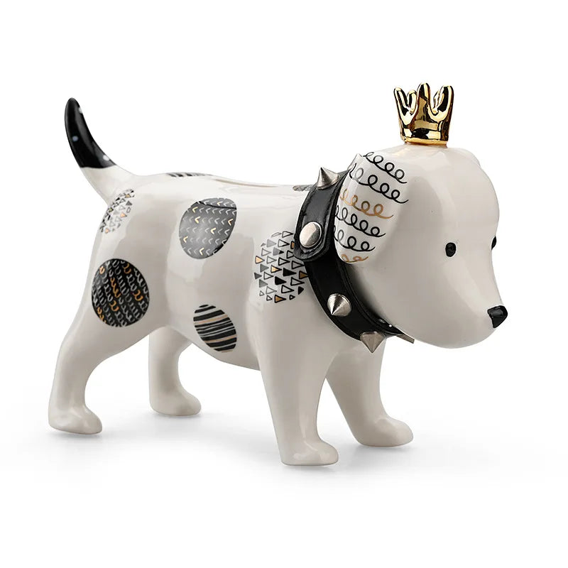 statue chien décoration moderne blanche motifs géométriques collier clous couronne dorée chambre salon