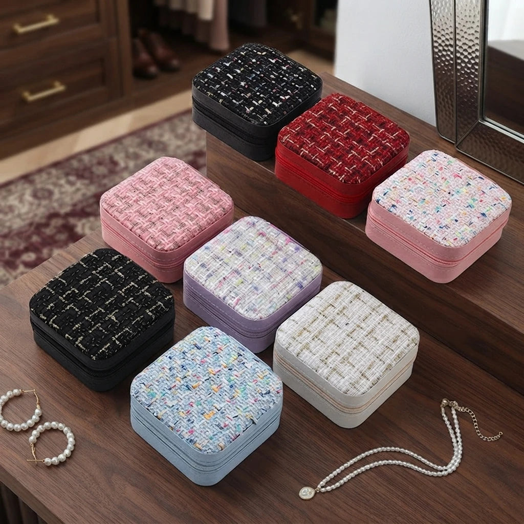 boîte rangement bijoux cuir pu rose noir rouge violet classique tissu carreaux glissière