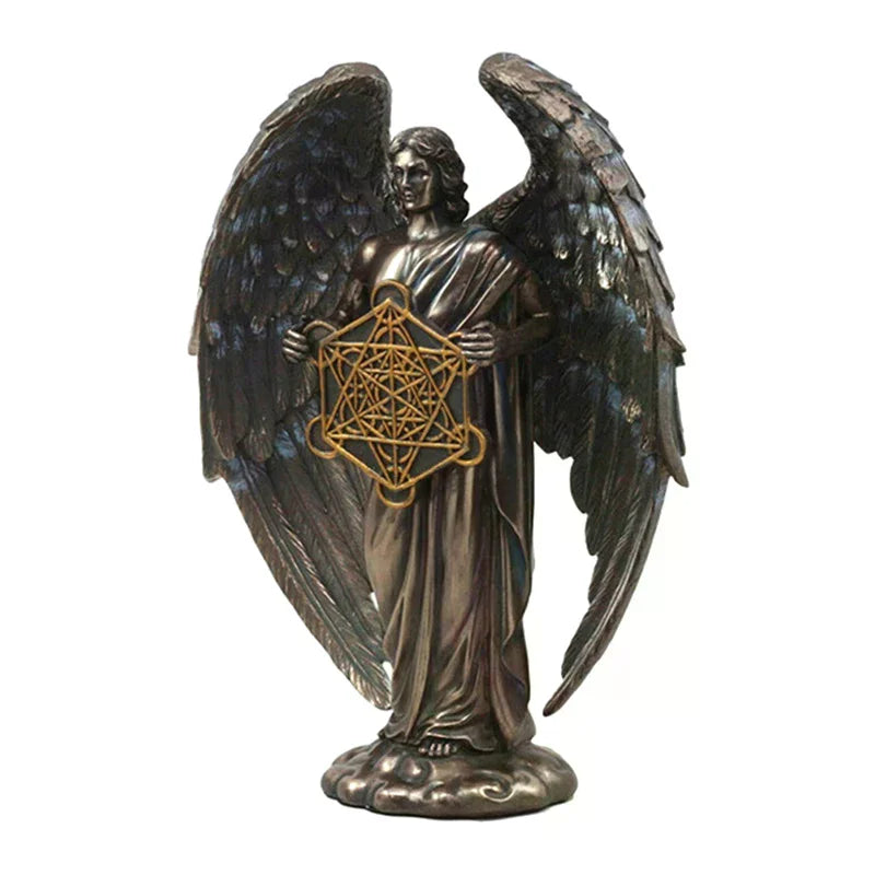 figurines anges ailes plumeuses bronze patiné symbolique épée serpent religieux spiritualité