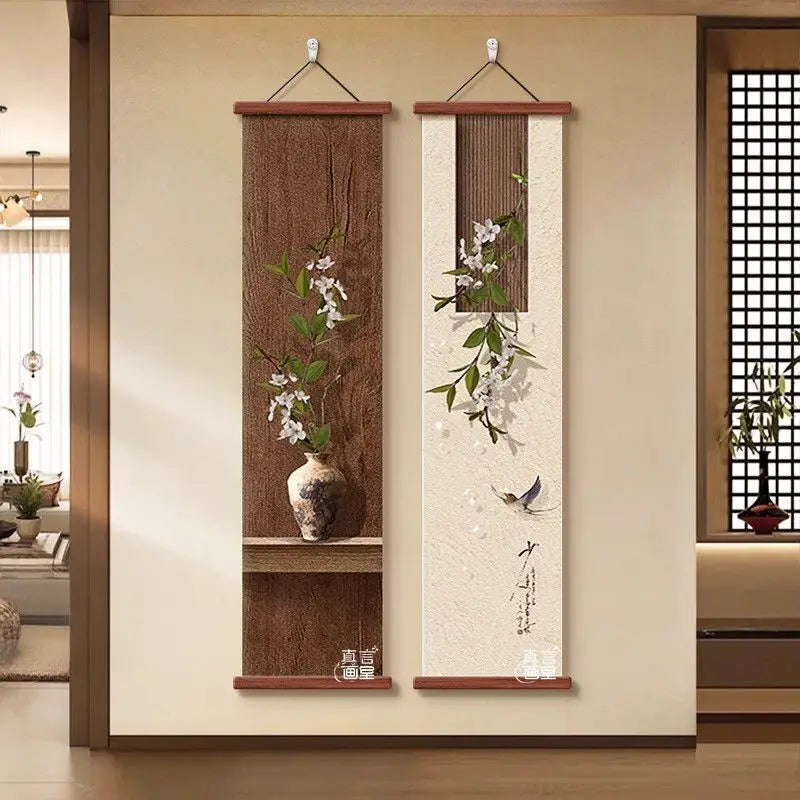 cadre mural suspendu paysage japonais fleurs blanches branches vertes oiseau noir texte chinois verte