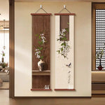cadre mural suspendu paysage japonais fleurs blanches branches vertes oiseau noir texte chinois verte