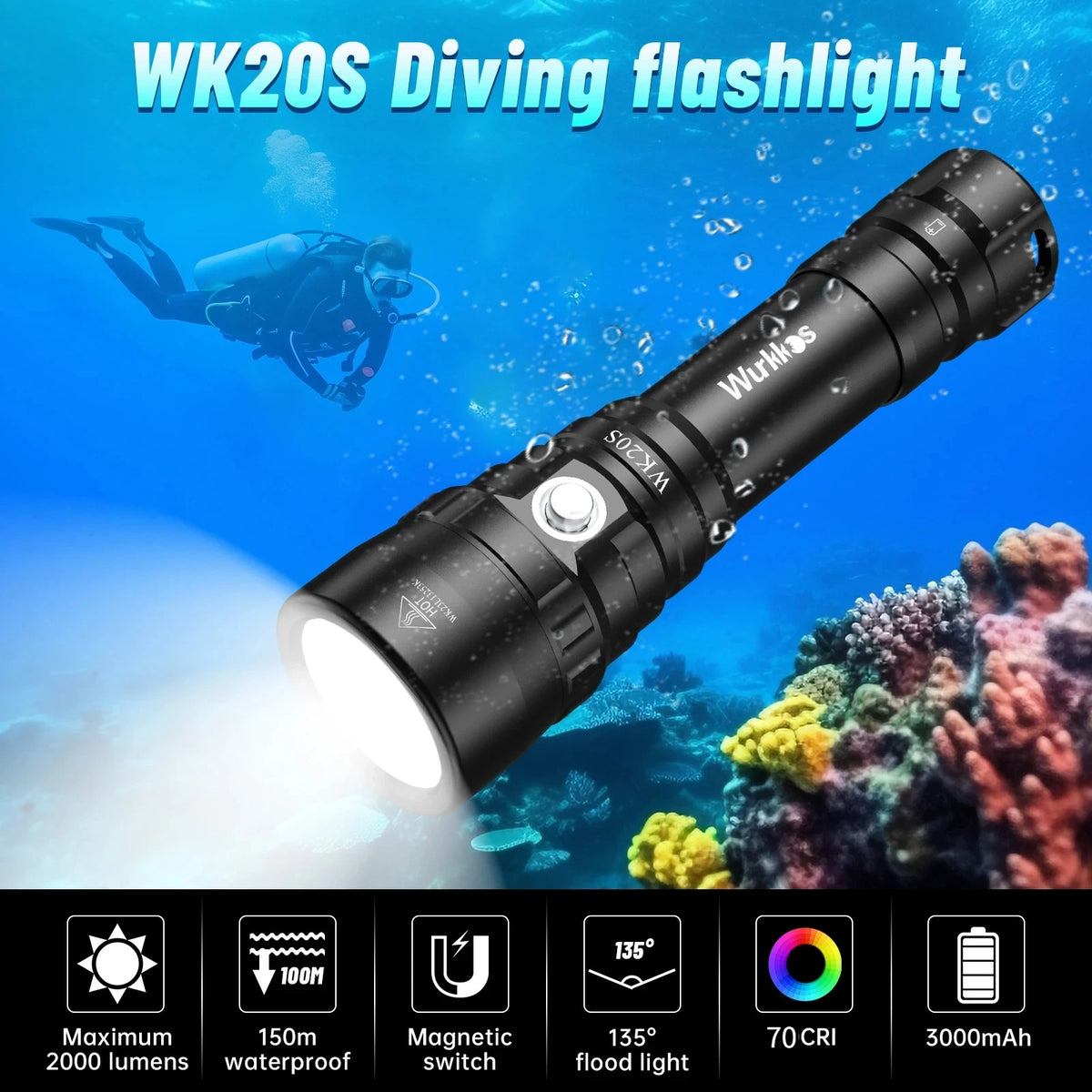 lampe torche noire rechargeable 2000lm 18650 alliage aluminium survie camping plongée lanière étanche 20w