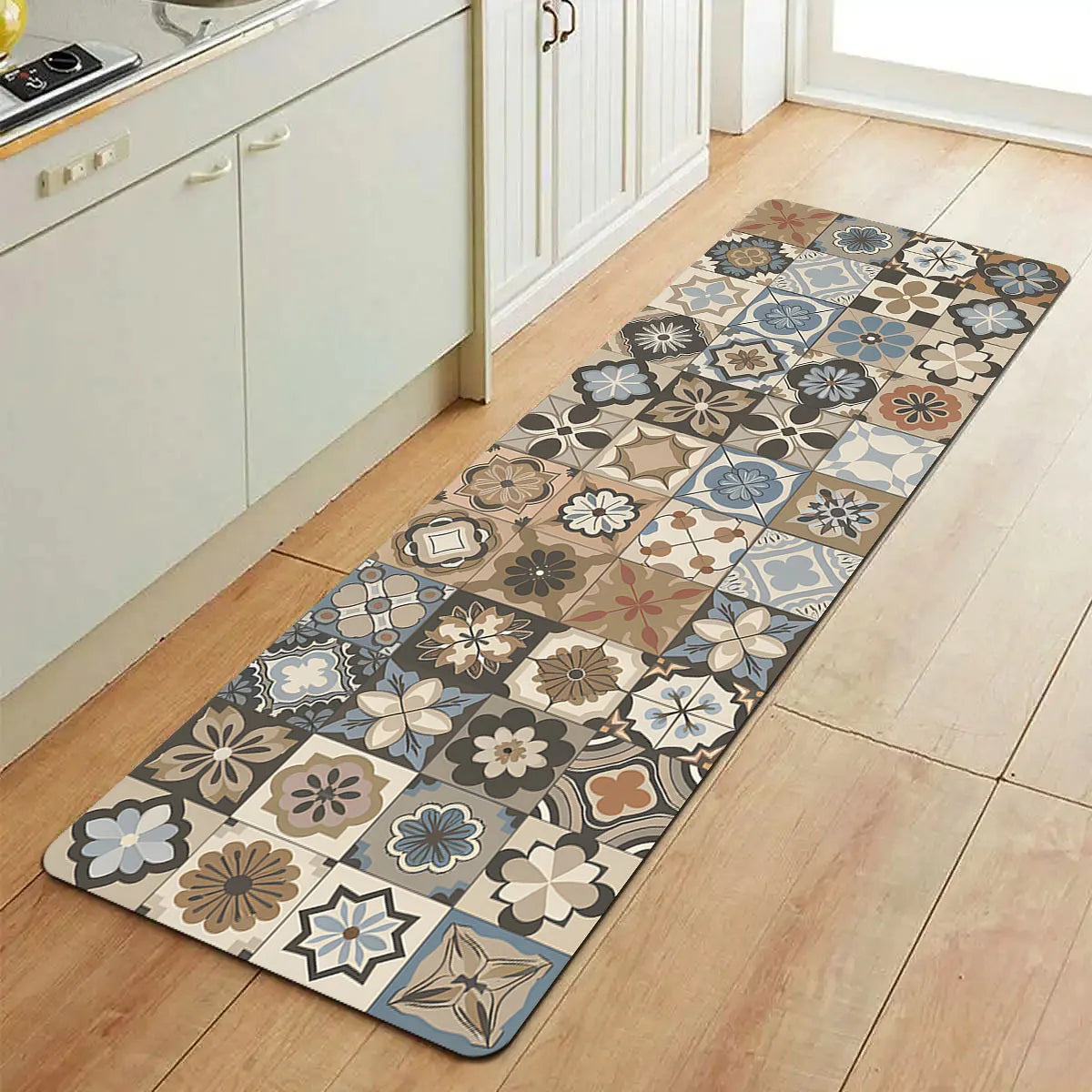 tapis sol anti fatigue imperméable patchwork floral moderne beige gris bleu marron noir résistant