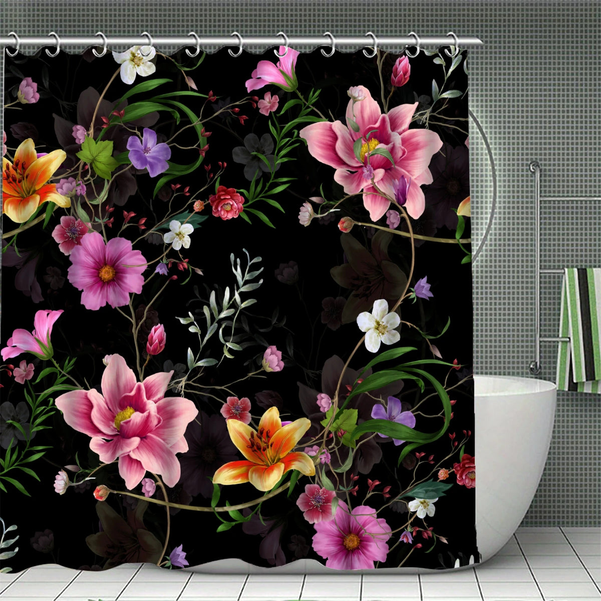 rideau douche floral fleurs papillons multicolore respectueux environnement opacité durable salle bain