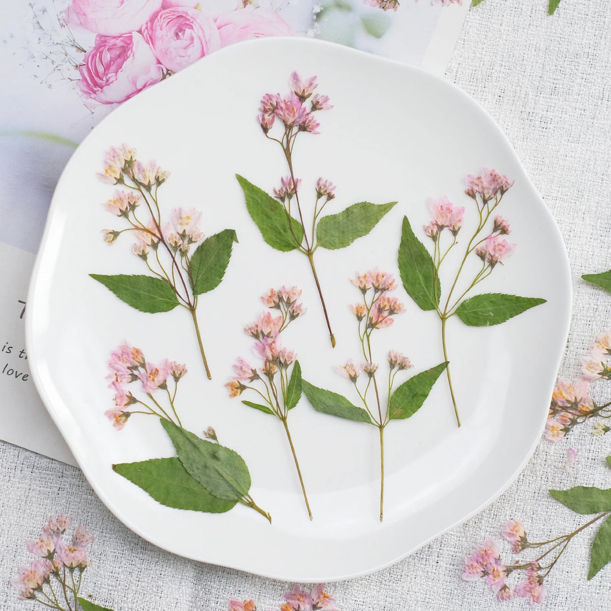 assiette blanche fleurs séchées feuilles vertes minimaliste décoration intérieure anniversaire baby shower pendaison crémaillère