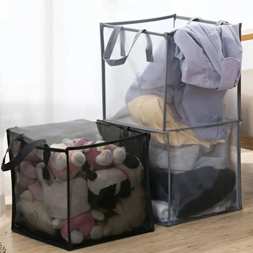 panier linge pliable transparent moderne polyester poignées noires réutilisable multiple capacité grande
