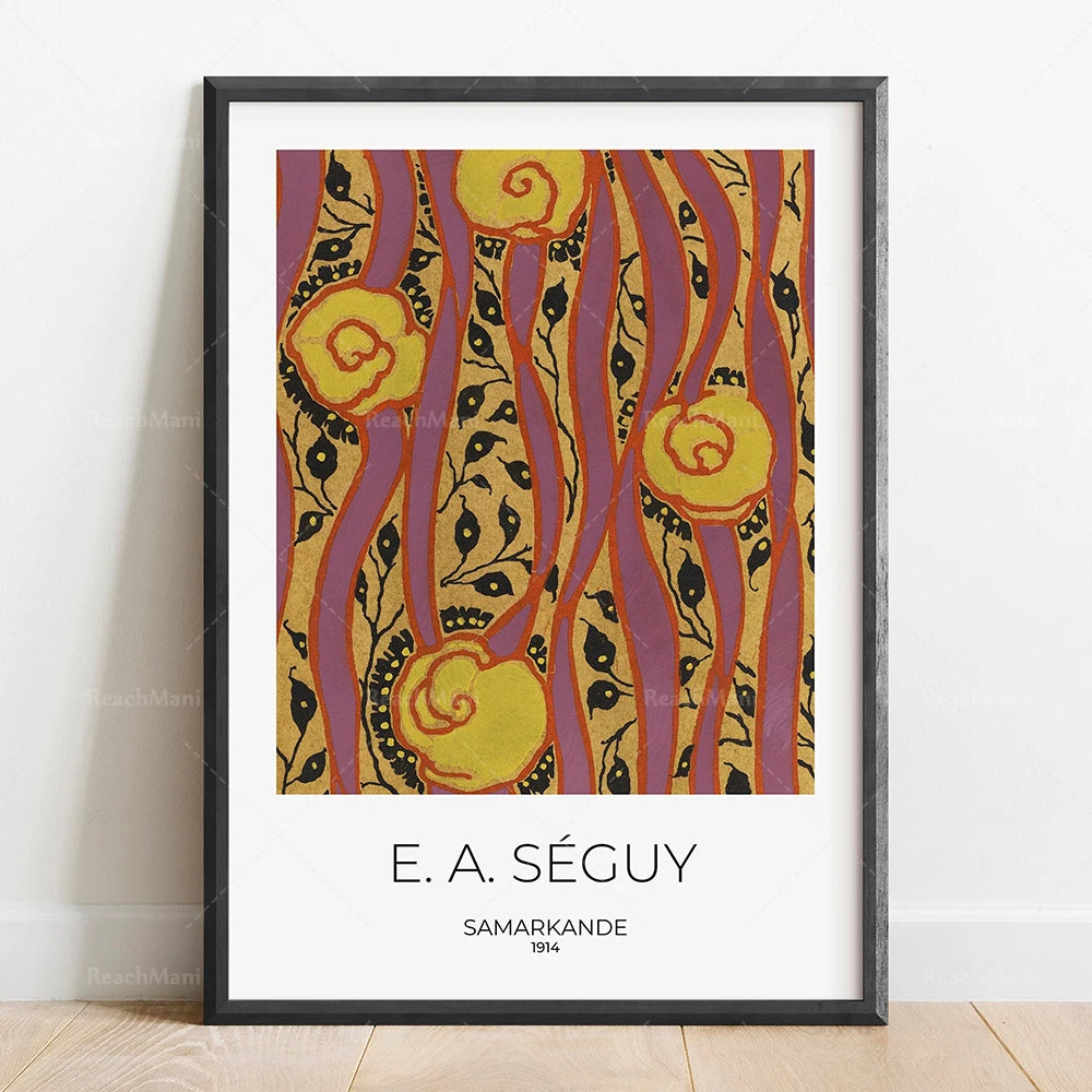 L'image présente une œuvre d'art abstraite aux couleurs chaudes et aux formes organiques, créée par l'artiste E. A. Séguy en 1914 et intitulée "Samarkande".