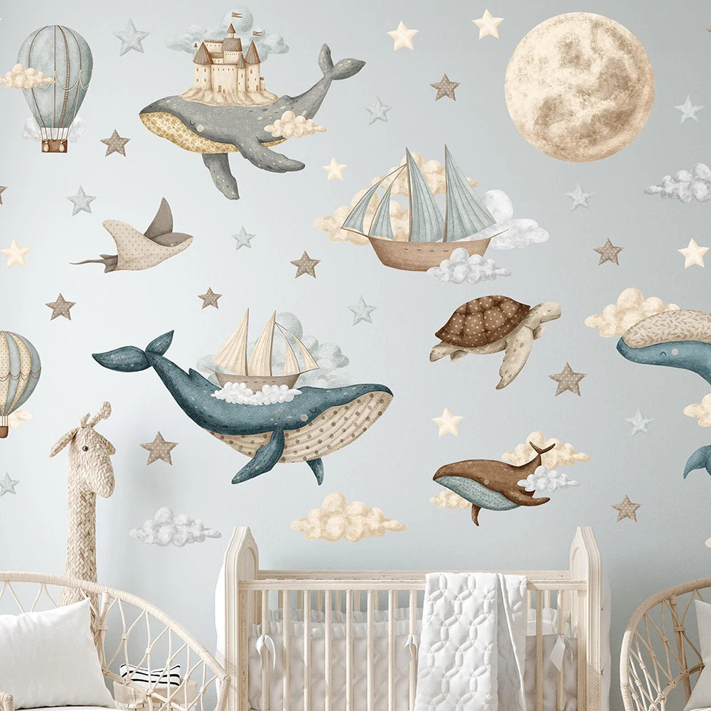 sticker mural thème océan baleines tortues bateaux 3d adhésif enfant illustration marine