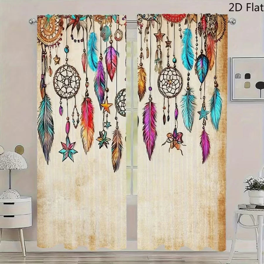 rideau ethnique bohème imprimé plumes étoiles anneaux beige multicolore moderne maison