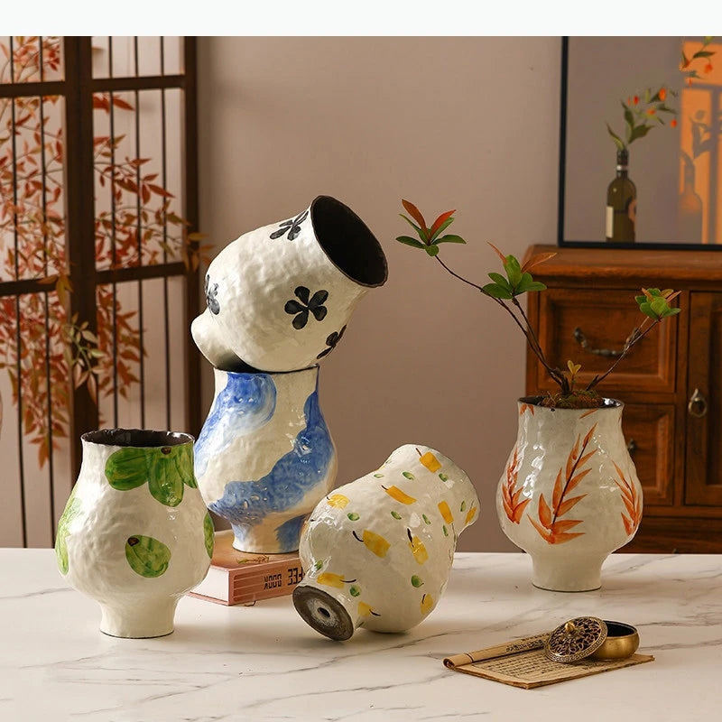vase moderne peinture abstraite blanc bleu vert jaune artisanal fleur table decoration piece