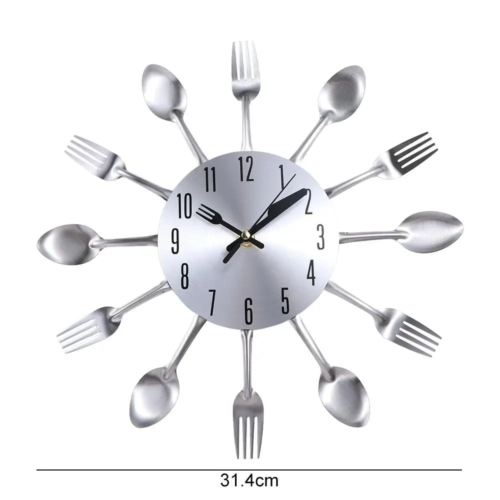 horloge murale moderne argentée forme cuillère fourchette unique