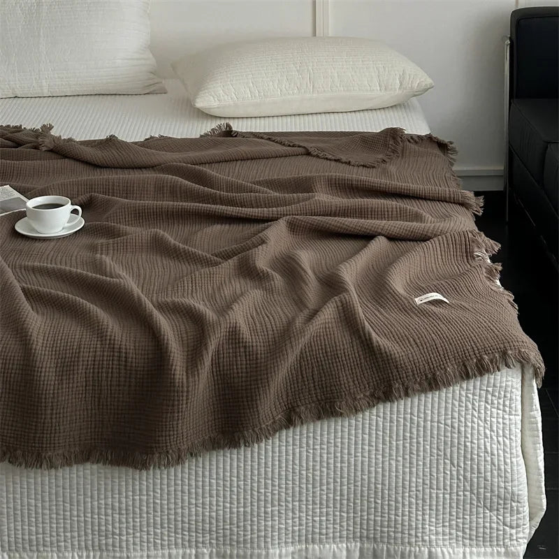 plaid coton marron texture gaufrée franges voyage printemps automne minimaliste portable chambre coucher