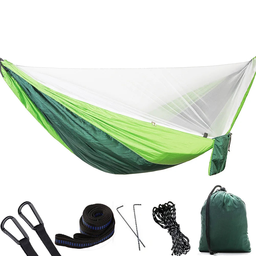hamac deux personnes vert olive parachute léger filet antimosquitos carabines inox piquets aluminium sac