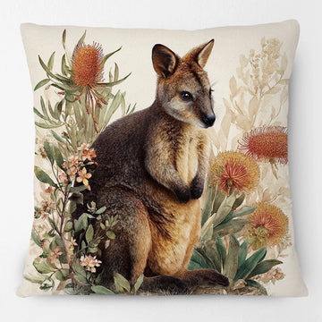 coussin carré décoratif beige motif kangourou oiseau vintage housse textile textile imprimé