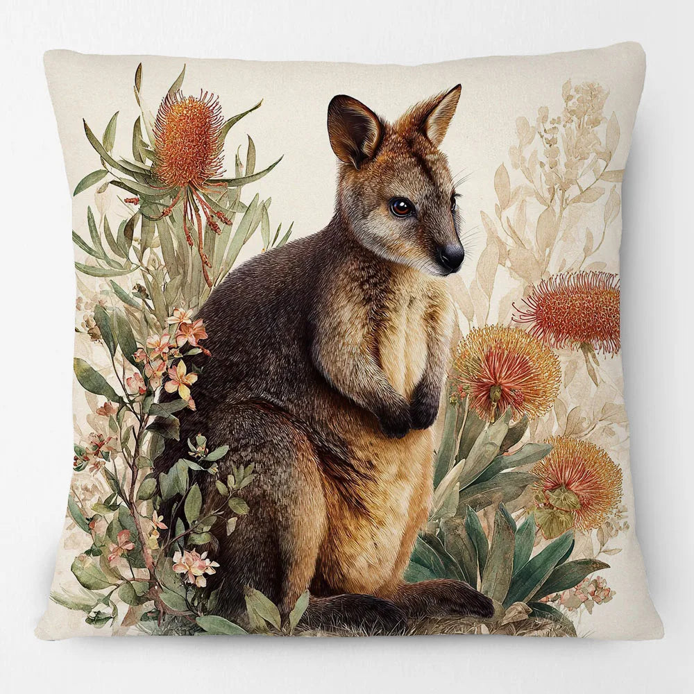 coussin carré décoratif beige motif kangourou oiseau vintage housse textile textile imprimé