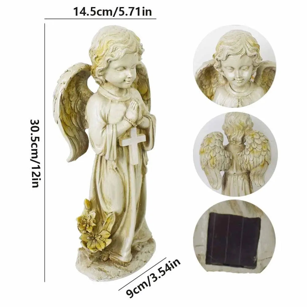 statue ange jardin solaire vieilli plumes croix lumineuse ornement extérieur classique beige doré