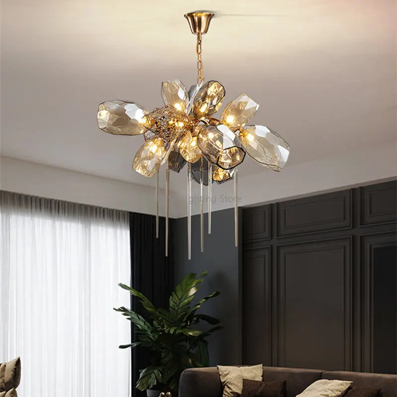 Suspension lumineuse moderne ornementale cristal géométrique ambre blanc chambre salon