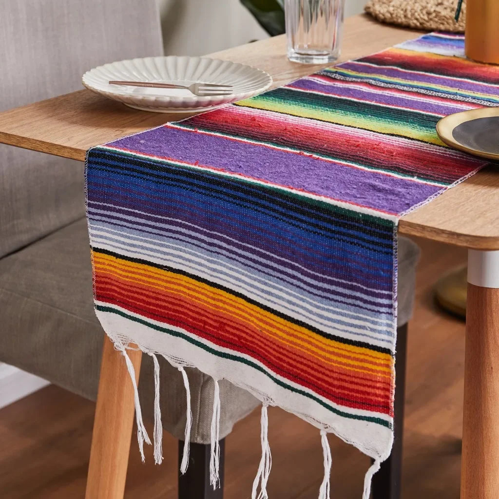 nappe mexicain rayées franges colorées maison carnaval festive 35x210cm polyester coton