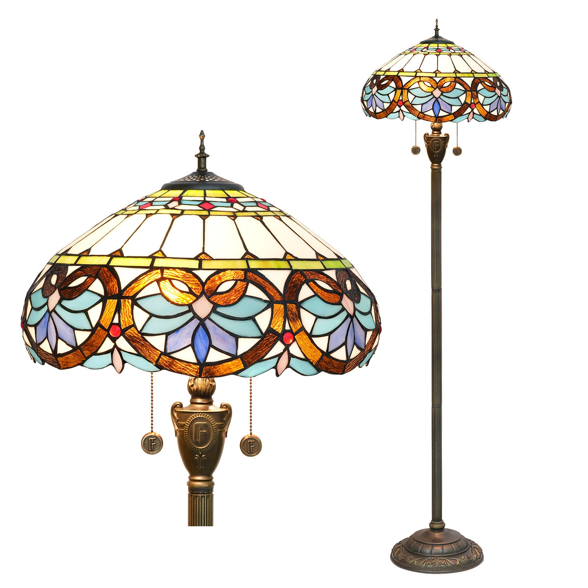lampe sol tiffany multicolore art nouveau interrupteur pédale base résine hauteur 163cm