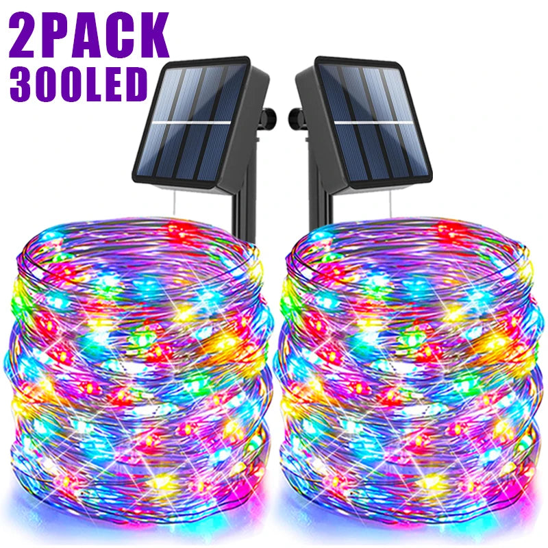 guirlande lumineuse solaire led multicolore fil cuivre jardin exterieur decoration epelure impermeable clips