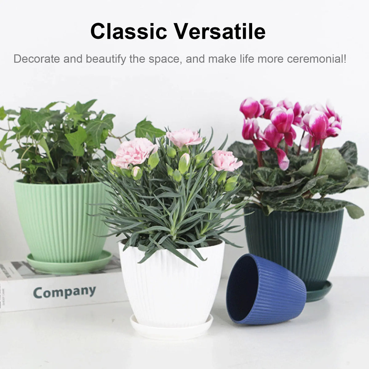 pots fleurs résine moderne vert clair vert foncé blanc rayures verticales plateau intérieur extérieur