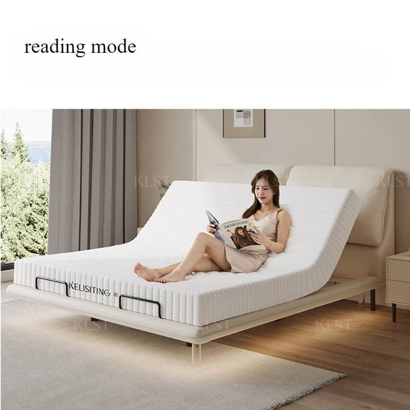 lit motorisé moderne blanc gris clair électrique réglable rayures horizontales oreillers coussin