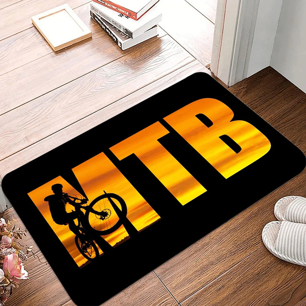 tapis sol moderne motif vélo texte ride mtb downhill noir blanc