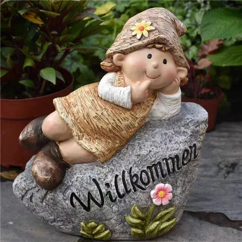statue décorative jardin fille assise fleurs motifs floraux marron beige blanc gris vert artisanalextérieur