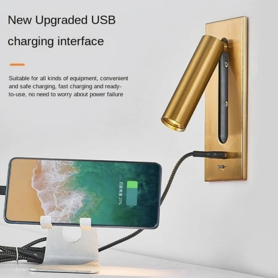 lampe murale moderne intégrée prise usb noir cuivre led 220v 90 260v