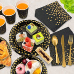 assiettes noires points dorés cuillères fourchettes couteaux gobelets serviettes tablecloth festif jetables moderne