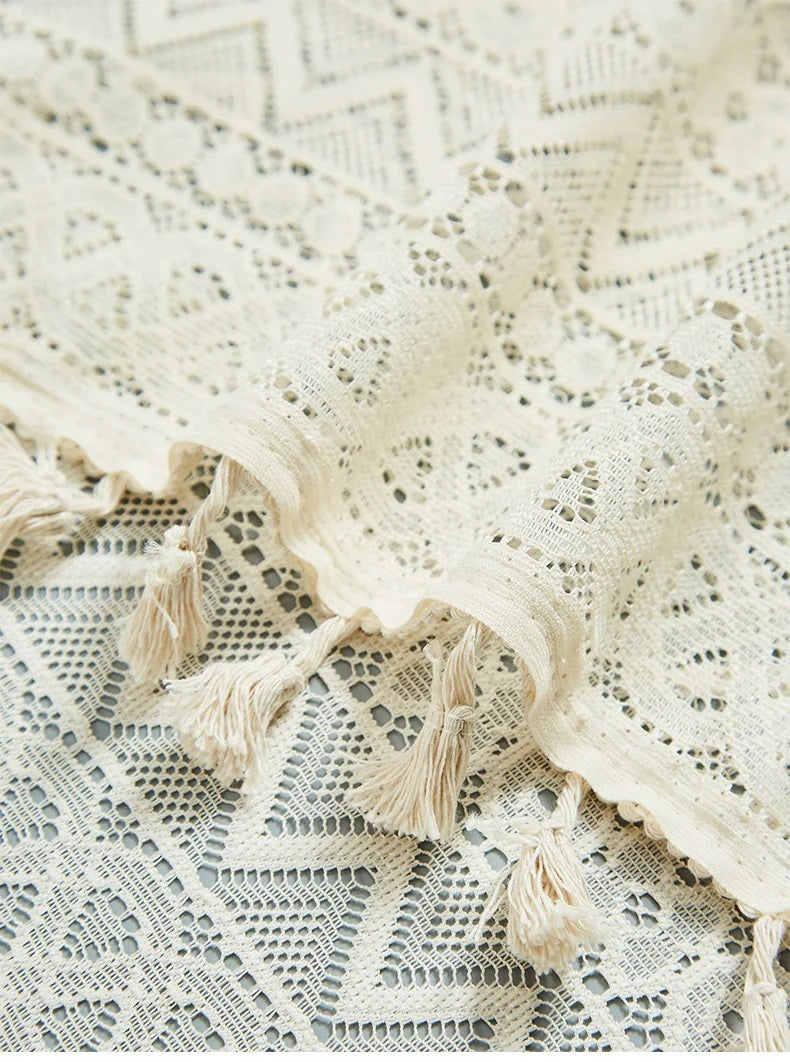 rideau boho chic brodé beige clair semi transparent franges geometrique