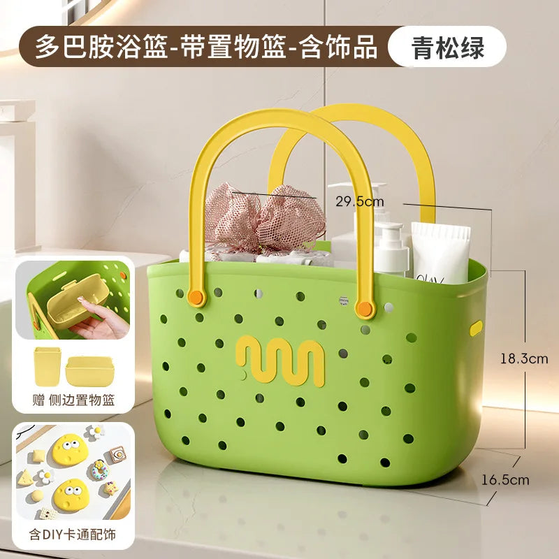 panier rangement douche bain organisation drain large capacité shampoing cosmétiques moderne vert jaune transparentTrou