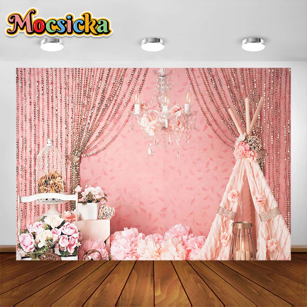 fond photo rose fleurs paillettes décor baby shower 220cm 150cm clips noirs romantique